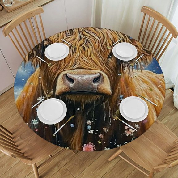 Patifu Bull Field Flowers Round Tablecloth 100% Polyester Stain-Resistant Ideal for Indoor and Outdoor Dining - Great for Home Kitchen/Parties/Holiday Dinner 31"-35