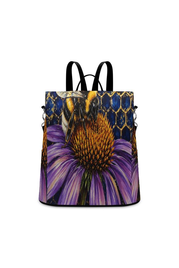 Bumblebee On Purple Flower Honeycomb Background Anti Theft Backpack, Purse for Women, Secure Back Zipper, Multi-Purpose Rucksack Backpack With Adjustable Strap, Womens Travel Backpack, Lightwe