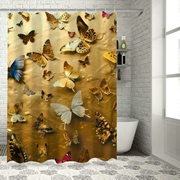 Patifu Butterflies Gold Background Washable Shower Curtain with Hooks 72x72 inches for Bathroom 36"x72