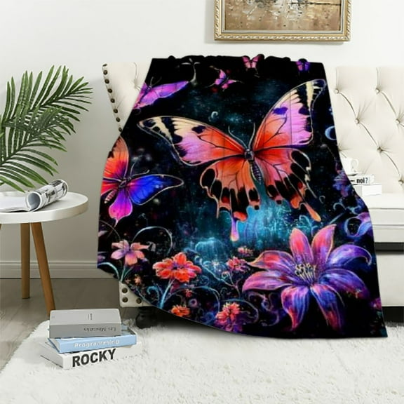 Patifu Butterfly Flowers Fantasy Art Warm Lightweight Blanket Soft Fleece Blankets All Seasons Decor Gifts 50x60in