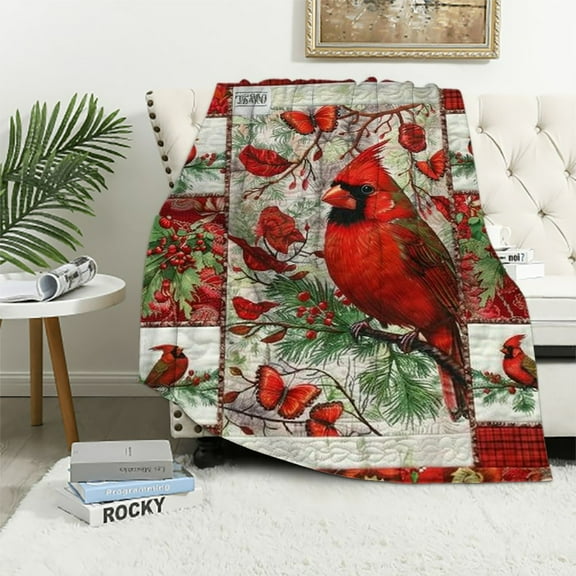 Patifu Cardinals Blanket Red Birds Throw Blanket Plush Blankets Bedding for Valentine's Day Christmas Day Soft Sofa Decor 50x60inch White