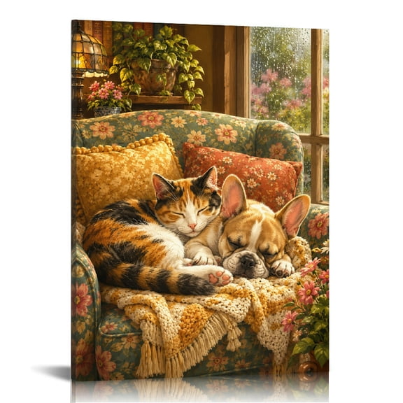 Patifu Cat And Dog Napping On Floral Sofa Vertical HD Print Framed Canvas Wall Art, Wall Art, Vertical HD Print Framed Canvas Wall Art Ready Hang Bedroom Dorm Living Room
