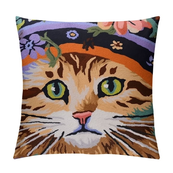 Patifu Cat Pillow Cover | Kitty Accent Pillow | Modern Cats Cushion | Colorful Cat Pillows | Cat Face on Pillow | Cat Lover Gift | Hand Embroidered Cushions | Wool Size 12x12in