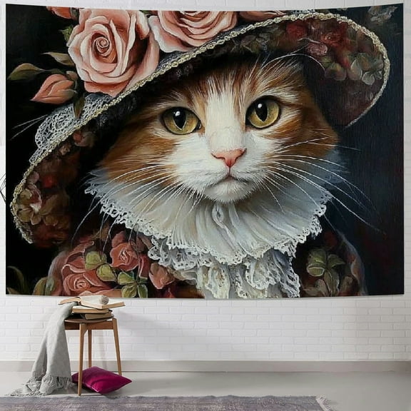 Patifu Cat Roses Tapestry Wall Hanging Unique Style Graphic Tapestries Home Wall Decor Art for Living Room Bedroom Dorm Mother's Day Gift 40x30inch