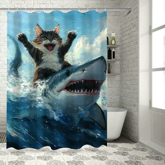 Patifu Cat Shark Ocean Washable Shower Curtain 100% Polyester with Hooks for Bathroom Decoration 69"x72