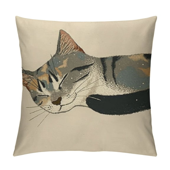 Patifu   Cat Throw Pillow Cushion Cover, Lazy Sleepy Cat in Earth Tones Furry Mascot Indoor Pet Art Illustration, Decorative Square Accent Pillow Case, Tan Dimgrey 12x12in
