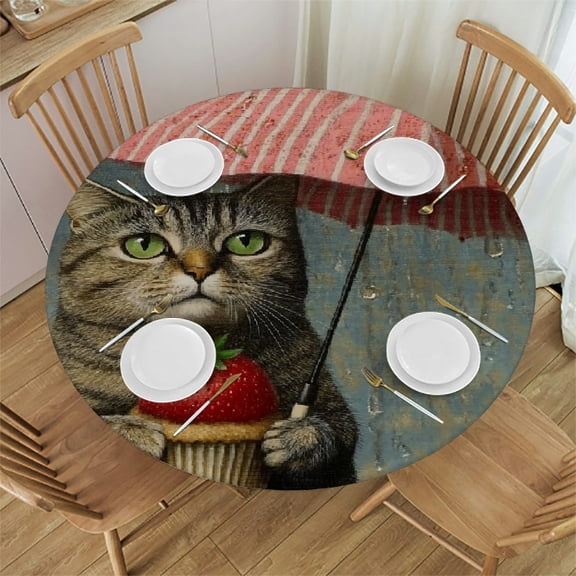 Patifu Cat Umbrella Cupcake Round Tablecloth Stain-Resistant Washable Indoor Outdoor Restaurant Wedding Party Home Waterproof Fabric Tablecloths 46"-50