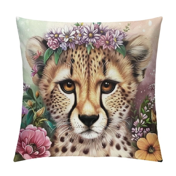Patifu Cheetah Flowers Artist Graphic Decorative Throw Pillow Cover for Home Couch Living Room Bed Sofa Square Home Furnishing Short Plush 24x24in