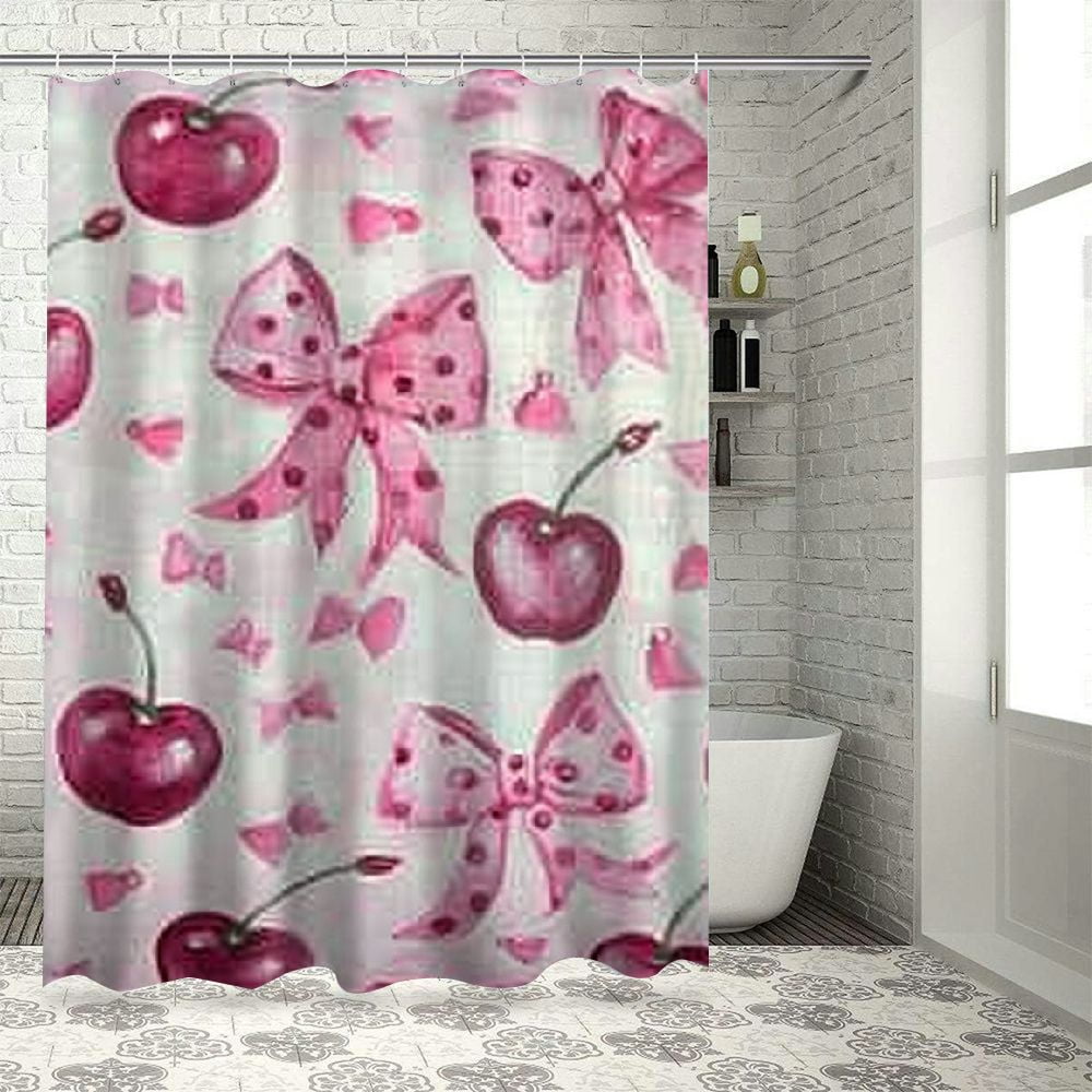Patifu Cherries Bows Chic Modern Bathroom Decor Shower Curtain Set with Hooks 60"x72