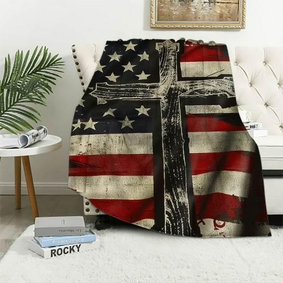 Patifu Christian Cross US Flag Blanket Christ Religious Decor Throw Blanket Jesus Faith Inspirational Blanket Gifts for Women Men Winter Bedding Warm Soft Plush Fleece Flannel Blanket for
