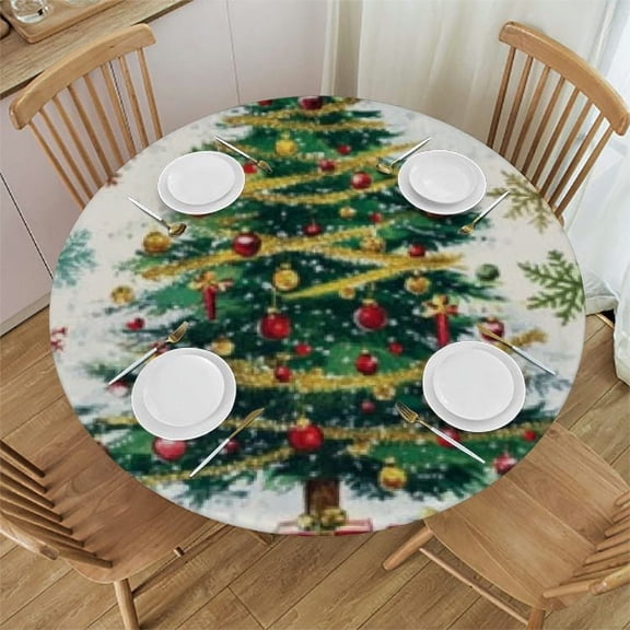 Patifu Christmas Tree Presents Snowflakes Round Tablecloth 100% Polyester Stain-Resistant Washable for Indoor Outdoor Restaurants Weddings Parties Home Kitchen Holiday Dinner 42"-46