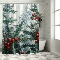 Patifu Christmas Tree Red Berries Evergreen Branches Bathroom Décor Set with Hooks 100% Polyester Shower Curtain for Bathroom Holiday Theme Shower Curtain Set 36"x72