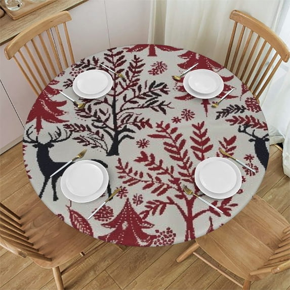 Patifu Christmas Tree Winter Red Round Tablecloths Washable Polyester Table Cover for Kitchen Dinning Parties Tabletop Decor White
