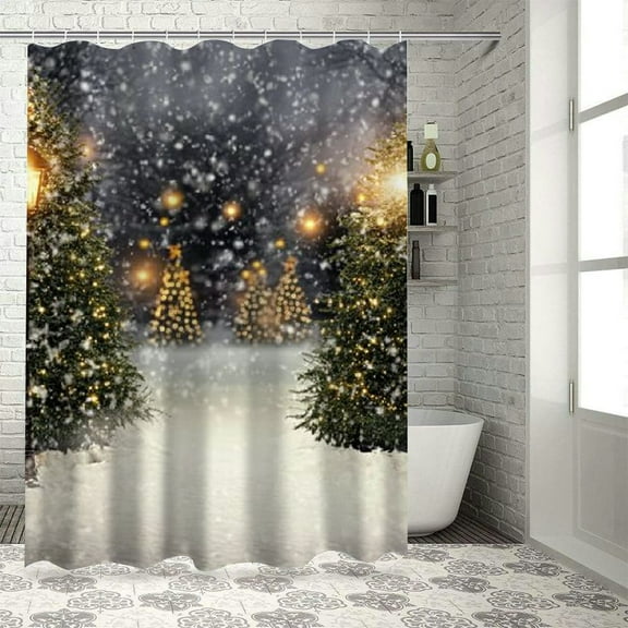 Patifu Christmas Trees Snow Street Light Shower Curtain Set with Hooks, 100% Polyester Home Bathroom Decor, Waterproof, Easy Install, Gift Idea 36"x72