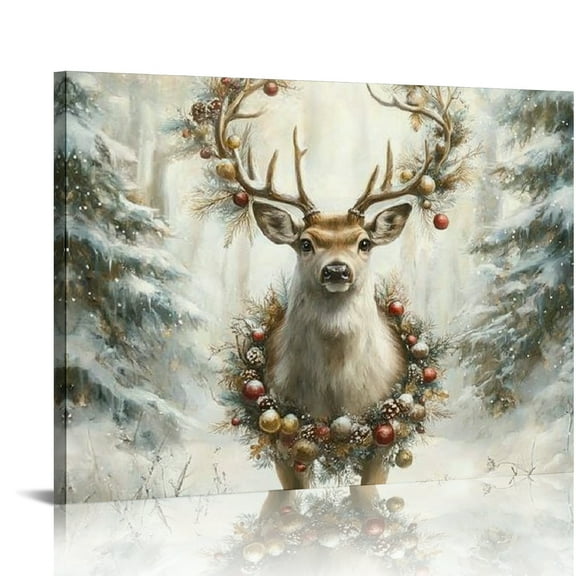 Patifu Christmas Wall Decor Vintage Reindeer Oil Painting Winter canvas Print Deer Picture Christmas Home Decoration 20x16in