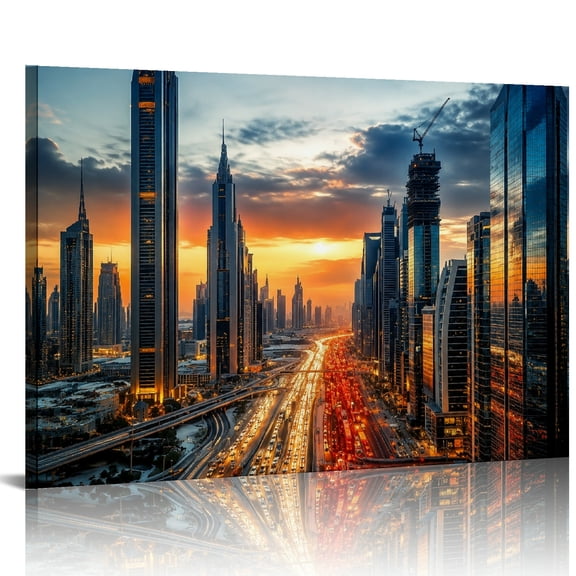 Patifu City Skyline Sunset Modern Canvas Prints Wall Decor for Living Room Bedroom Kitchen 24x16in