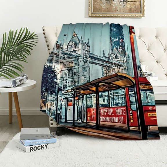 Patifu Cityscape Bus Stop Transportation Warm Lightweight Blanket Soft Fleece Throw Blanket for Living Room Sofa Decor All Seasons Gift 50x60in