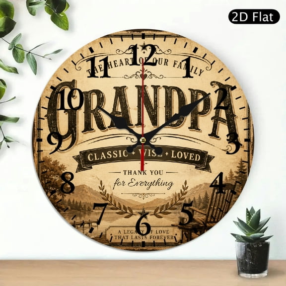 Patifu Classic Wise Loved Grandpa Print Round Wooden Wall Clock Silent Mechanical Movement 10x10in