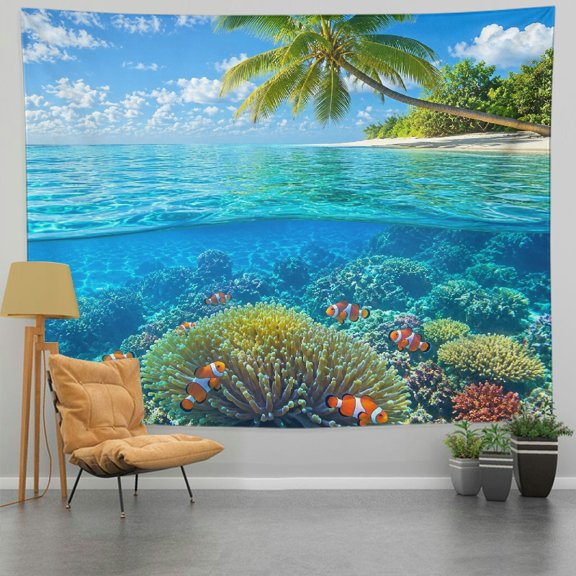 Patifu Clownfish At Coral Reef Palm Tree Polyester Tapestry Wall Hanging for Bedroom Living Room Dorm 60*50in