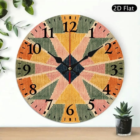 Patifu Colorful Geometric Fabric Pattern Round Wooden Wall Clock 10 Inch for Home Decor 10x10in