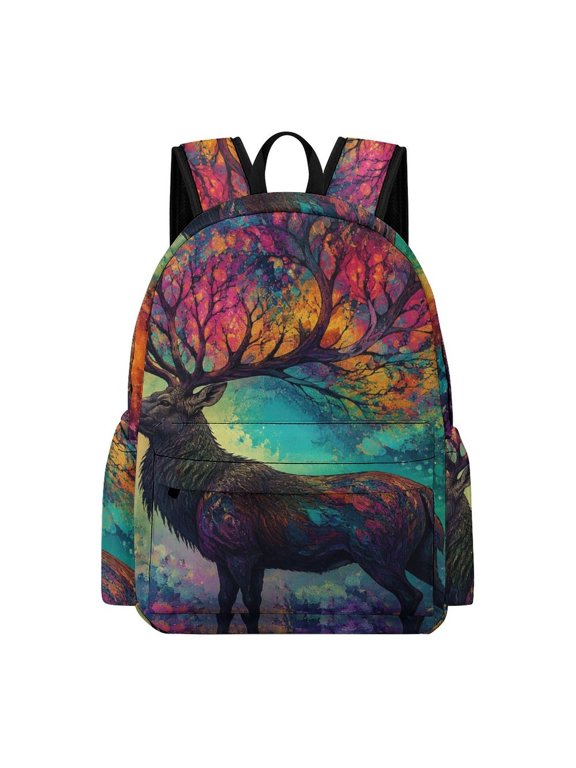 Colorful Magical Stag With Tree Antlers Artwork Printed Oxford Backpack, Large Capacity Laptop Backpack, Water Resistant, Travel Daypack for College Work Commuting Adults, 42x30x15cm