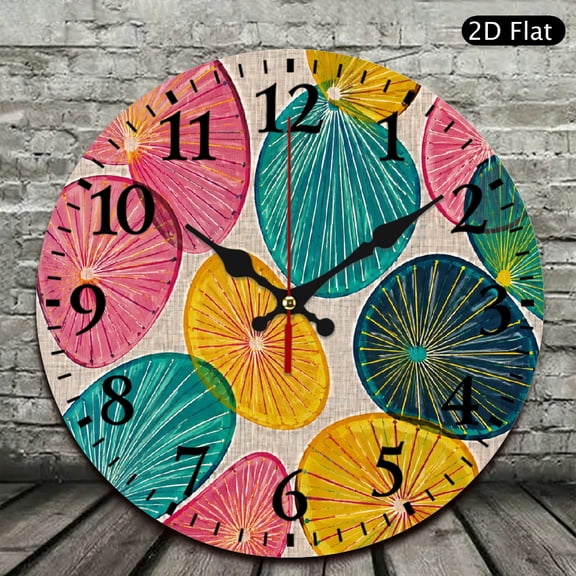 Patifu Colorful Oval Sunburst Pattern Wooden Wall Clock 10 Inch Round Silent Sweep Movement Home Decor 12x12in