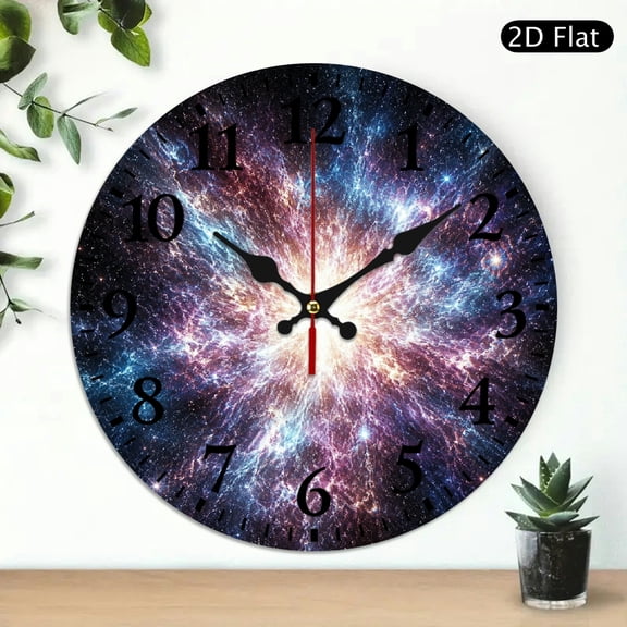Patifu Colorful Supernova Explosion Space Round Wooden Wall Clock Silent Mechanical Movement 10x10in