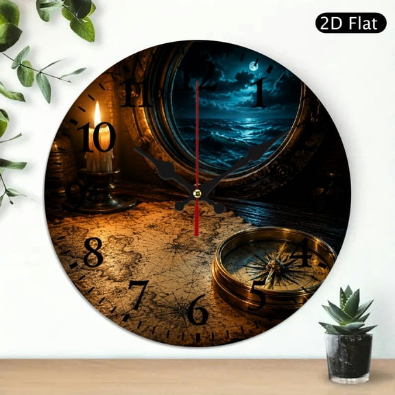 Patifu Compass And Candle By Ship Porthole Round Wooden Wall Clock 10 Inch Silent Sweep Movement 10x10in