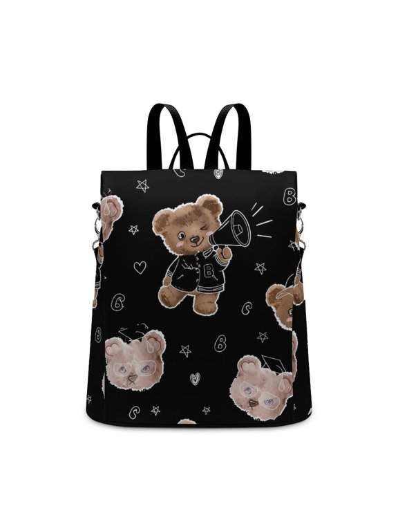 Cool Bear With Megaphone Black Background Seamless Pattern Star Heart Doodle Anti Theft Backpack, Purse for Women, Secure Back Zipper, Multi-Purpose Rucksack Backpack With Adjustable Strap, Wo