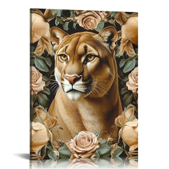 Patifu Cougars Roses Lion Print Canvas Wall Art Home Decor 16x20 in