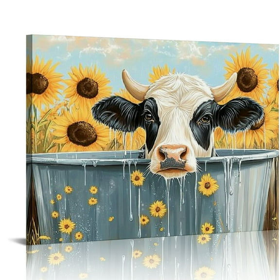 Patifu Cow Bathroom Decor Cow Wall Art Sunflower Cow in Bathtub Wall Art Rustic Prints Pictures Bathroom Canvas Painting Modern Decorations  Artwork for Bathroom Toilet  20x16in