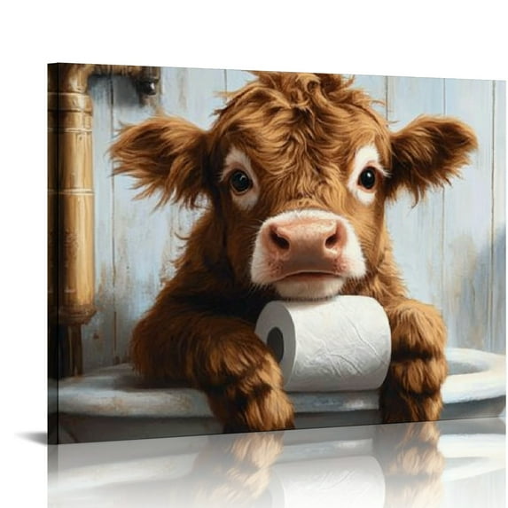 Patifu Cow Bathroom Decor Highland Cow Wall Art Cute Highland cow Wall Decor Animals Prints Pictures Bathroom Canvas Painting Modern Decorations Artwork for Bathroom Toilet 16x12in