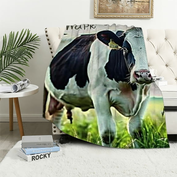 Patifu Cow Grass Tag Theme Warm Lightweight Soft Fleece Blanket | All Season Sofa Decor Gift Blanket 40x50in