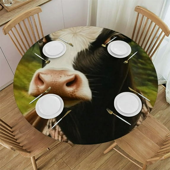 Patifu Cow Theme Round Tablecloth with Elastic Edge - Stain-Resistant, Washable, Fiber - Ideal for Indoor and Outdoor Use in Restaurants, Weddings, Parties - Multiple Sizes Available