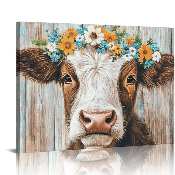Patifu Cow Wall Art Farmhouse Decor: Rustic Pretty Furry Cattle Print Wearing Wreaths for Bedroom Cute Abstract Vintage Cow Stuff Artwork  Ready to Hang  20x16in