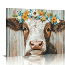 Patifu Cow Wall Art Farmhouse Decor: Rustic Pretty Furry Cattle Print Wearing Wreaths for Bedroom Cute Abstract Vintage Cow Stuff Artwork Ready to Hang 20x16in