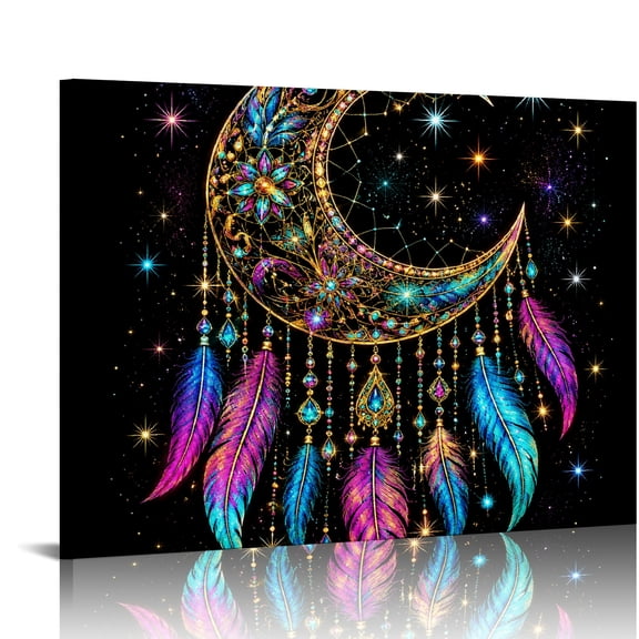 Patifu Crescent Moon Dreamcatcher Colorful Canvas Wall Art Ready to Hang for Bedroom Dorm Living Room 16x12in