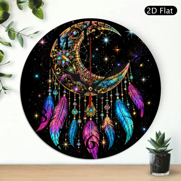 Patifu Crescent Moon Dreamcatcher Colorful Wooden Wall Clock Silent Sweep Movement 10x10in