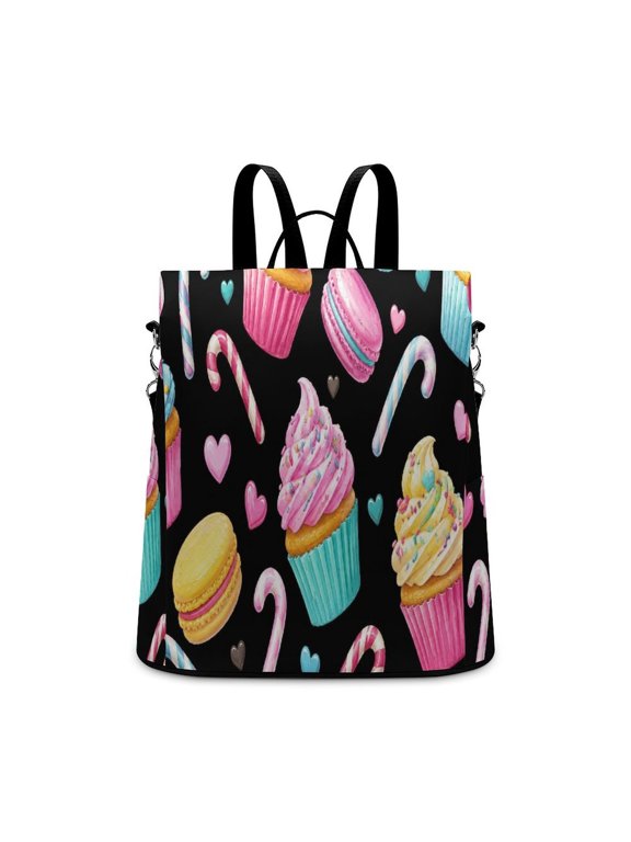 Cupcake Macaron Candy Cane Heart Sweet Seamless Pattern Anti Theft Backpack, Purse for Women, Secure Back Zipper, Multi-Purpose Rucksack Backpack With Adjustable Strap, Womens Travel Backpack,