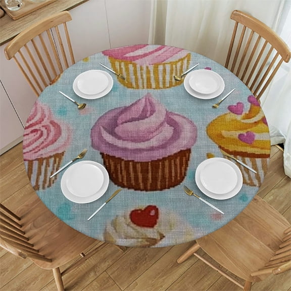 Patifu Cupcakes Pastel Round Tablecloth Stain-Resistant Washable Elastic Edge Waterproof for Indoor Outdoor Restaurants Weddings Parties Home Decor 42"-46