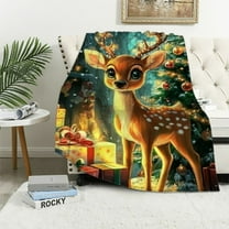 Patifu Cute Cabin Deer Kids Throw Blanket,Jungle Glittering Christmas Tree Bed Blanket for Boys Girls,Cartoon Animal Rustic Fleece Blanket,Brown Green Fuzzy Blanket  40x50in