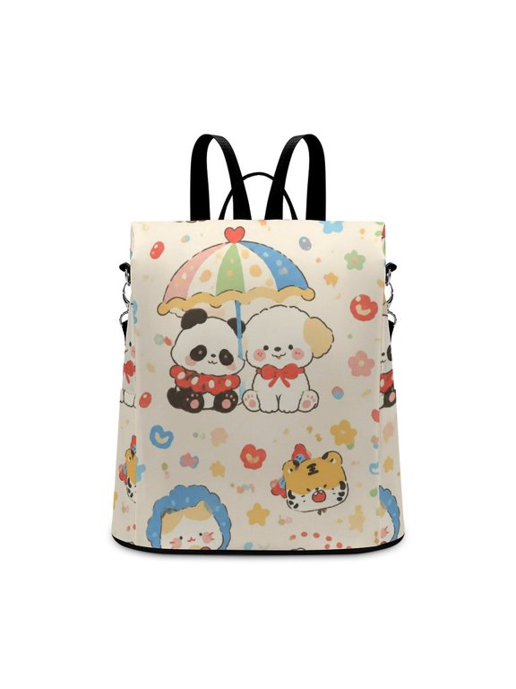 Cute Cartoon Animal Seamless Pattern Panda Puppy Tiger Rabbit Flower Candy Anti Theft Backpack, Purse for Women, Secure Back Zipper, Multi-Purpose Rucksack Backpack With Adjustable Strap, Wome