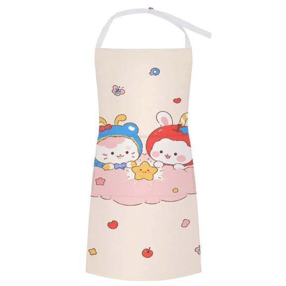 Patifu Cute Cartoon Characters On Pink Cloud With Star Butterfly Cherry Printed Apron with Pocket, Adjustable Bib Apron for Cooking Baking Grilling Gardening Painting and Crafts, Waterproof Apron for