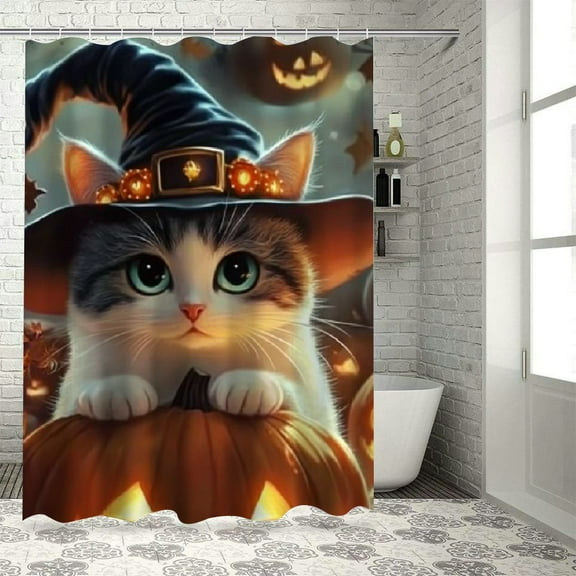 Patifu Cute Cat Bathroom Decor Set Graphic Print Polyester Stylish Shower Curtain Set with Hooks 100% Polyester Fiber Halloween Shower Curtain for Bathroom 36"x72