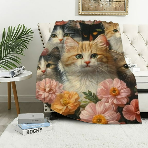 Patifu Cute Cat Blanket Gifts for Cat Lovers Grils Women Kitten Floar Flannel Throw Blankets for Home Couch Bed Sofa Soft Fuzzy Lightweight Decor All Season  40x50in