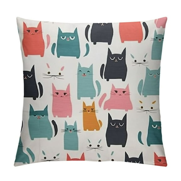 Patifu Cute Cat Throw Pillow Cover Colorful Cartoon Happy Kitty Cat Kitten Pattern Decorative Pillow Case Home Decor Square Pillowcase 20x20in