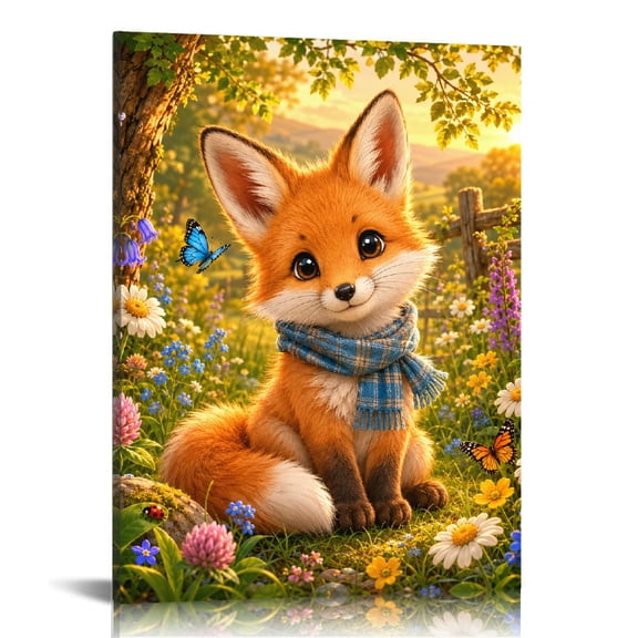 Patifu Cute Fox In Sunset Wildflower Garden Vertical HD Print Framed Canvas Wall Art, Wall Art, Vertical HD Print Framed Canvas Wall Art Ready Hang Bedroom Dorm Living Room