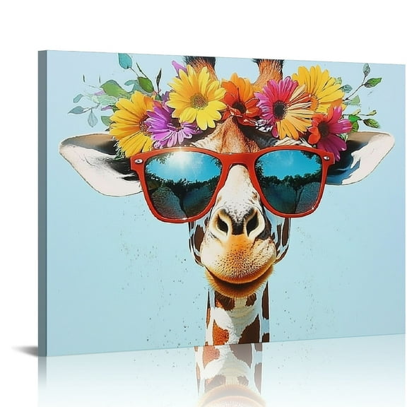 Patifu Cute Giraffe with Glasses Canvas Wall Art,Colorful Giraffe Decor Wall Art Pictures Painting  Artwork for Children's room Bedroom Living room Decor Ready to Hang 20x16in