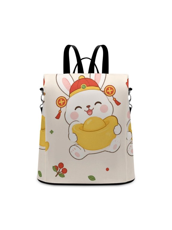 Cute Lucky Rabbit Holding Gold Ingot Red Envelope New Year Seamless Pattern Print Anti Theft Backpack, Purse for Women, Secure Back Zipper, Multi-Purpose Rucksack Backpack With Adjustable Stra