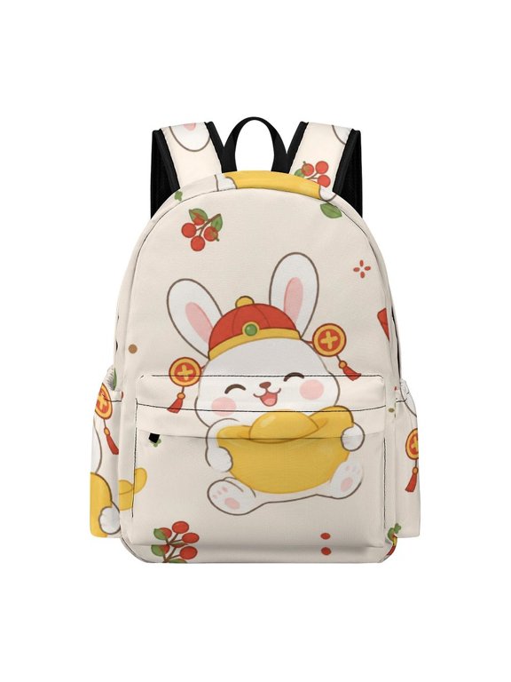 Patifu Cute Lucky Rabbit Holding Gold Ingot Red Envelope New Year Seamless Pattern Print Printed Oxford Backpack, Large Capacity Laptop Backpack, Water Resistant, Travel Daypack for College Work Com